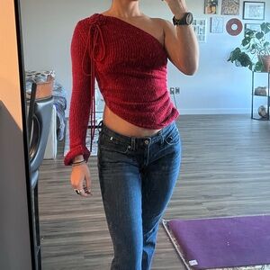 Red One Shoulder Vintage Sweater